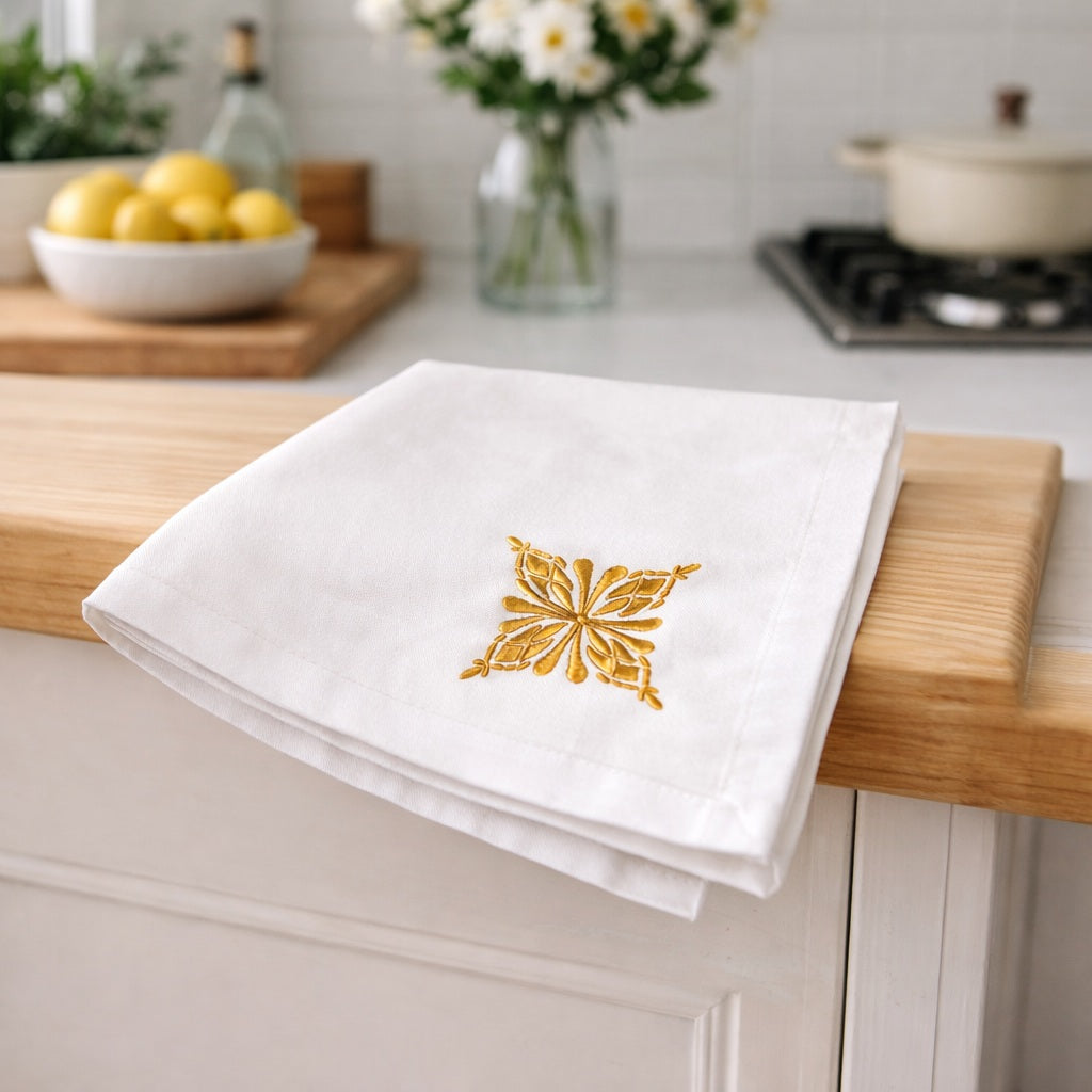 Azure Napkin White Linen Embroidery Gold 36.5x36.5cm